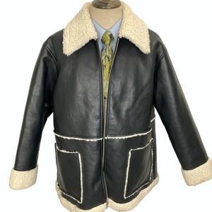 Abercrombie & Fitch Jacket Men Large Navy  Vegan Leather‎ Sherpa Lined Aviator